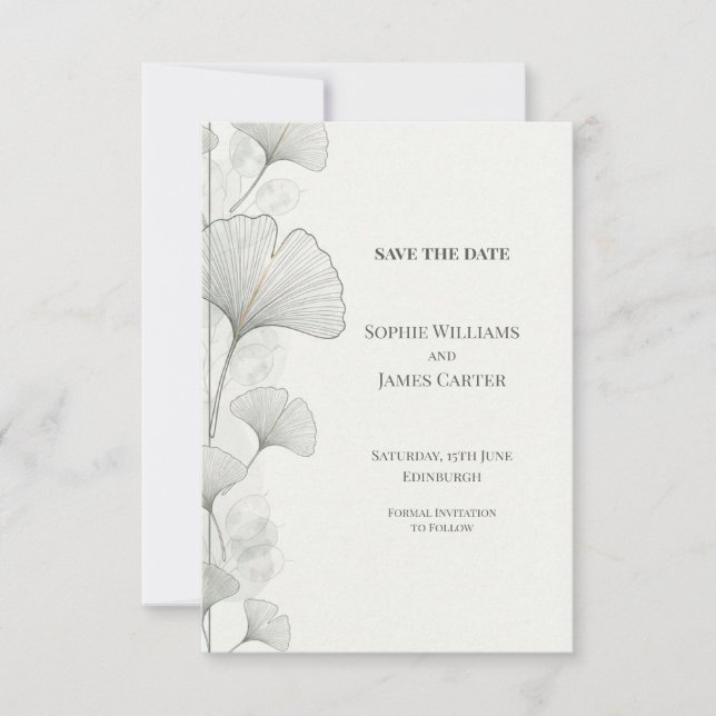 Minimal Grey Ginkgo Wedding Save the Date (Front)