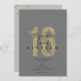 Minimal Grey Gold Flakes 16 Glitter 16th Birthday  Invitation