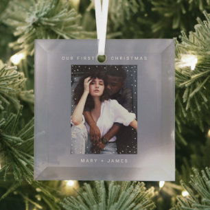 Minimal Grey Modern   Merry and Married Photo Glass Tree Decoration