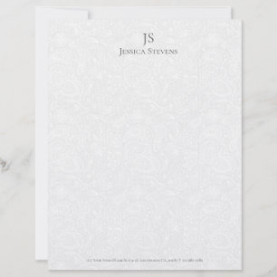 Minimal Grey Monogram Plush White Damask Pattern Custom Letterhead