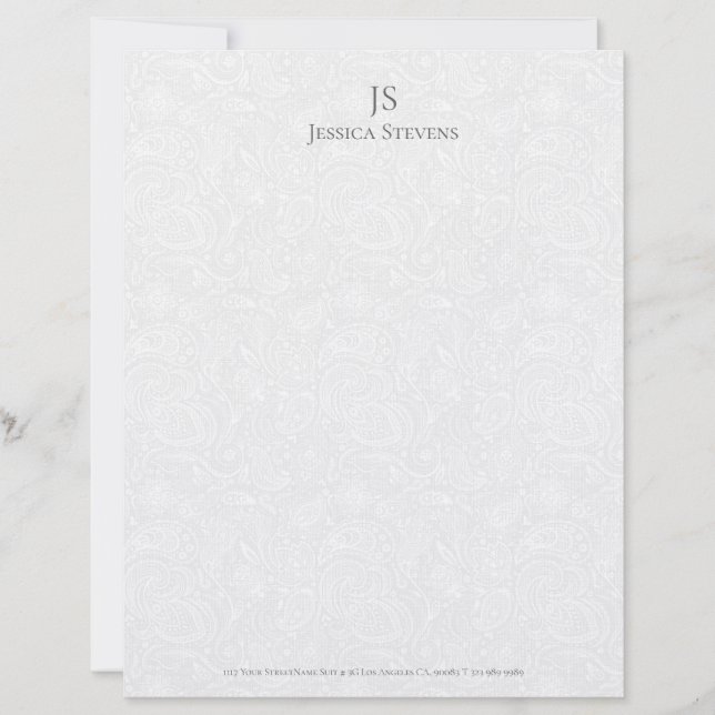 Minimal Grey Monogram Plush White Damask Pattern Custom Letterhead (Front)