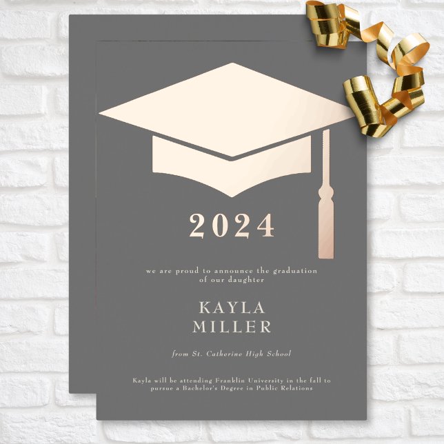 Minimal Grey White Rose Gold Cap Grad Announcement (Minimal Gray & White Rose Gold Cap Graduation Foil Invitation)