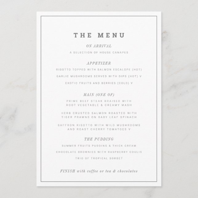 Minimal grey white wedding or event custom menu (Front)