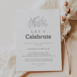 Minimal Grey Wildflower Let's Celebrate Party Invitation