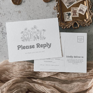 Minimal Grey Wildflower Menu Choice RSVP Postcard