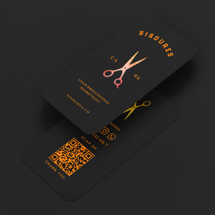 Minimal Hair Stylist Black Orange Scissors Barber  Business Card