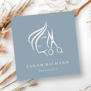 Minimal Hairstylist Dusky Blue Hair Scissor Square Business Card