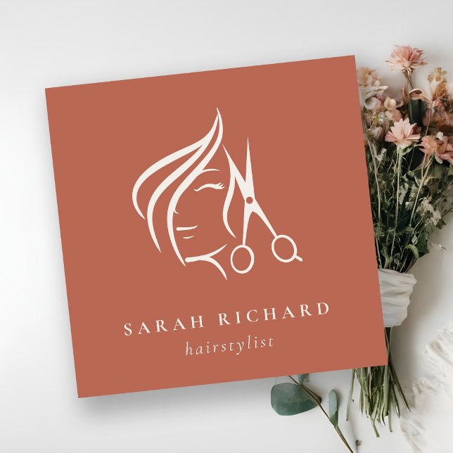 Minimal Hairstylist Terracotta Red Hair Scissor  Square Business Card (Creator Uploaded)