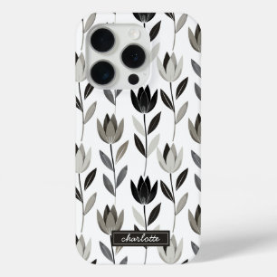 Minimal Hand drawn Boho Tulips Monogram Name iPhone 15 Pro Case