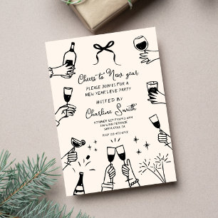 Minimal Hand Drawn “Cheers to New Year” Party  Invitation