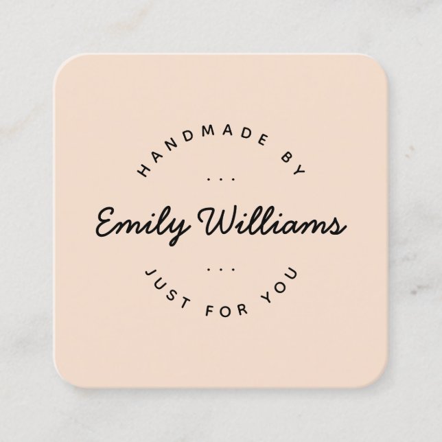 Minimal Handmade By Script Custom Logo| Brown Square Business Card (Front)