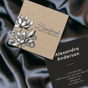 Minimal Handmade Name and Floral Waterlily Lotus Square Business Card