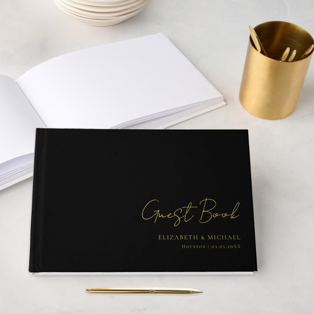 Minimal, Handwriting Script, Foil, Black, Wedding Guest Book (Creator Uploaded)
