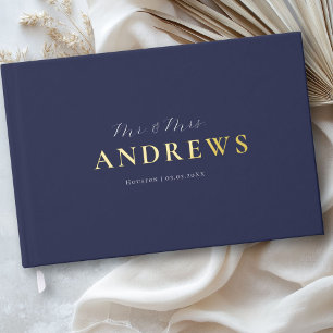 Minimal, Handwriting Script, Gold-Foil, Blue Guest Book