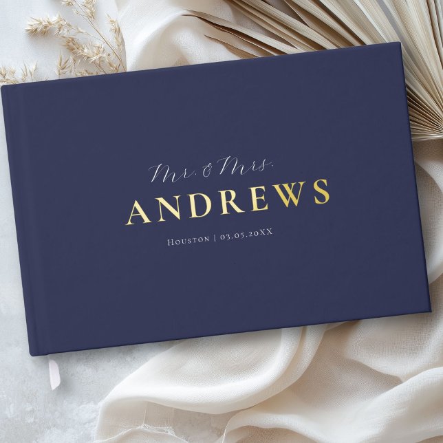 Minimal, Handwriting Script, Gold-Foil, Blue Guest Book (Minimal, Handwriting Script, Gold-Foil, Blue Foil Guest Book)
