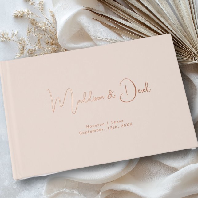 Minimal, Handwriting Script, Rose-Gold-Foil, Beige Guest Book (Personalized, Minimal, Handwriting Script, Rose-Gold-Foil, Foil Guest Book.)