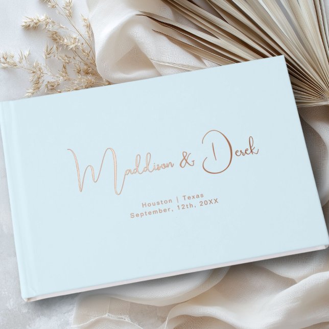 Minimal, Handwriting Script, Rose-Gold-Foil, Blue Guest Book (Personalized, Minimal, Handwriting Script, Rose-Gold-Foil, Foil Guest Book.)