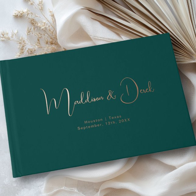 Minimal, Handwriting Script, Rose-Gold-Foil, Teal Guest Book (Personalized, Minimal, Handwriting Script, Rose-Gold-Foil, Foil Guest Book.)