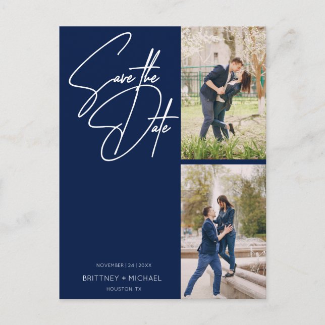 Minimal Handwritten Photo Collage Navy Blue Announcement Postcard (Front)