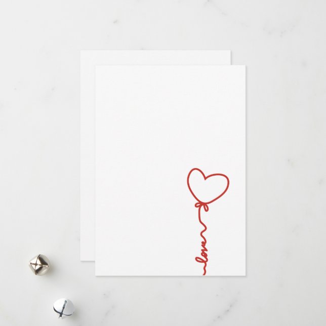 Minimal Heart Balloon Love  Line Art Valentine Holiday Card (Front/Back In Situ)