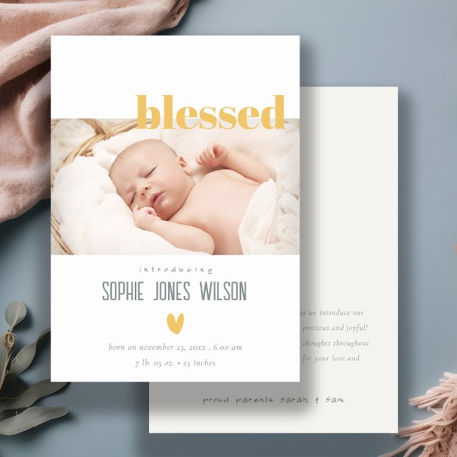 Minimal Heart Blessed Photo Birth Announcement (Creator Uploaded)