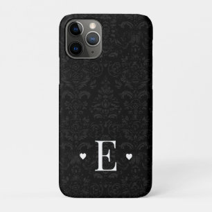 Minimal Heart Chic Initial Monogram Black Damask Case-Mate iPhone Case