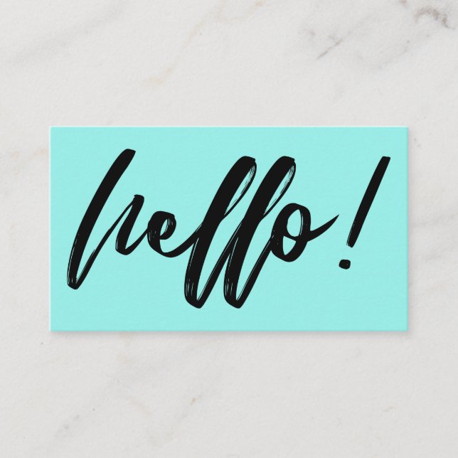 Minimal Hello in Handwriting Script Black on Aqua Business Card (Front)