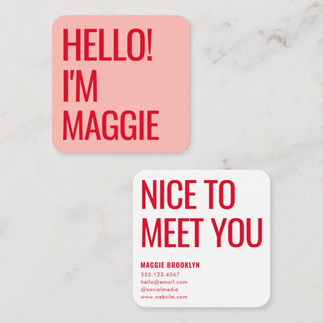 Minimal Hello | Modern Clean Simple Name Red Pink Square Business Card (Front/Back)