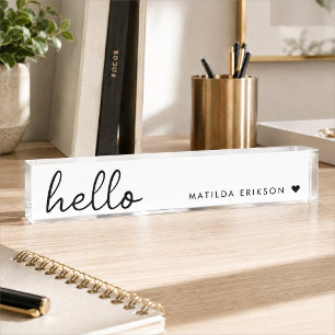 Minimal Hello   Modern Heart Clean Simple White Nameplate