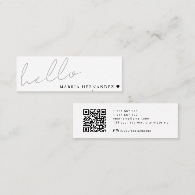 Minimal Hello Modern QR Code Heart Mini Business Card (Front/Back)
