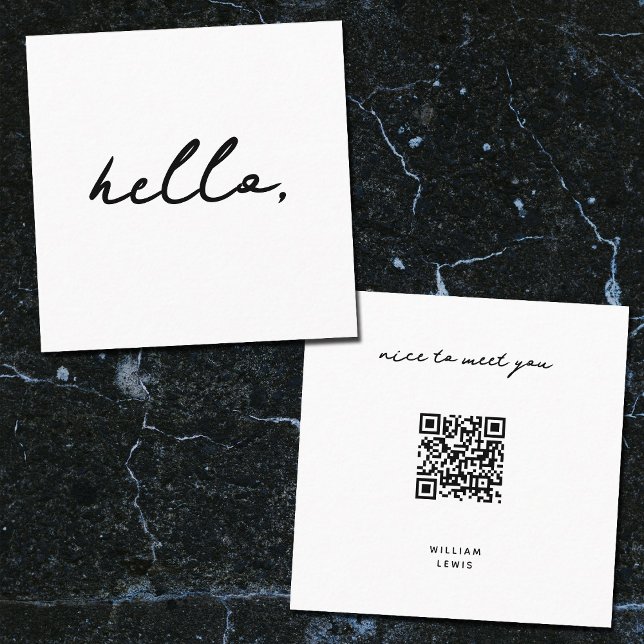 Minimal Hello Nice to Meet You QR Code & Name Square Business Card (Creator Uploaded)