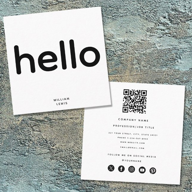 Minimal Hello QR Code Social Media Icons Square Business Card (Minimal Hello QR Code Social Media Icons Square Business Card)
