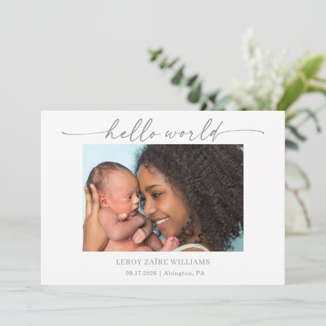 Minimal Hello World Baby Photo Announcement Card (Standing Front)