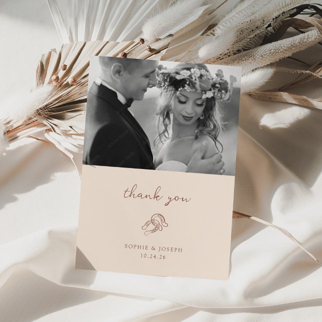 Minimal Horseshoe | Neutral Brown Wedding Photo Thank You Card (Creator Uploaded)