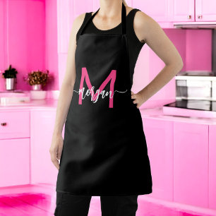 Minimal Hot Pink Black Modern Typographic Monogram Apron