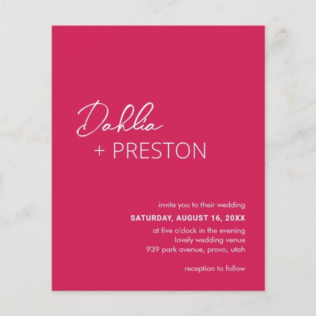 Minimal Hot Pink Modern Budget Wedding Invite Flyer (Front)