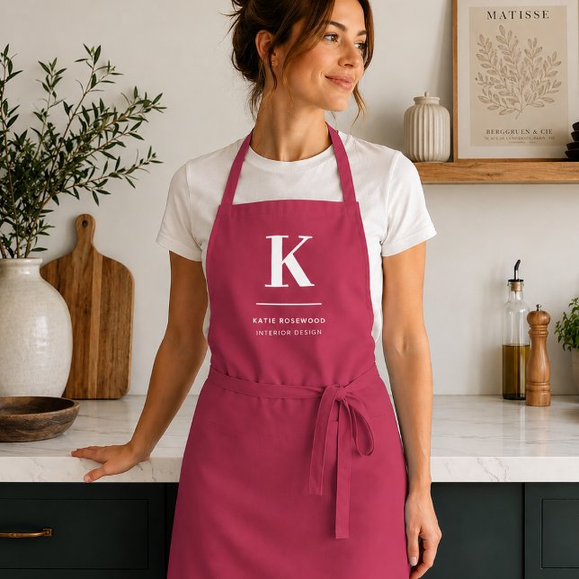 Minimal Hot Pink Modern Typographic Monogram Apron (Hot pink initial name apron for salons, boutiques, makers, and stylish staff workwear.)