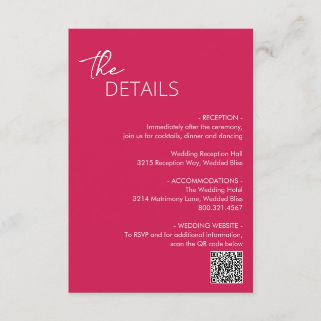 Minimal Hot Pink QR Code Modern Wedding Enclosure Card (Front)