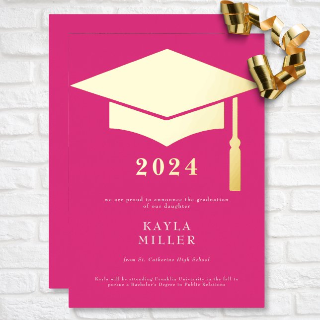 Minimal Hot Pink White Gold Cap Grad Announcement (Minimal Hot Pink & White Gold Cap Graduation Foil Invitation)