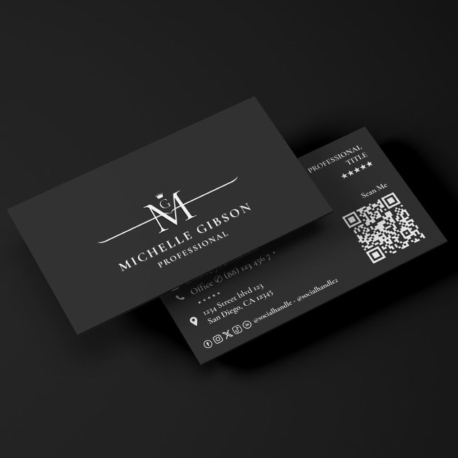Minimal Initials Crown Monogram Black Marketing Business Card (Minimal Initials Crown Monogram Black Marketing Business Card
)