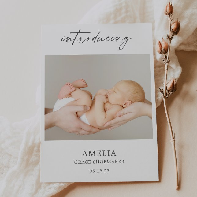 Minimal Introducing Photo Baby Announcement Card (Creator Uploaded)
