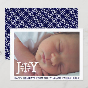 Minimal "joy" navy blue Christmas holiday photo Card