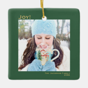 Minimal Joy Simple Christmas Holiday Photo Green Ceramic Ornament