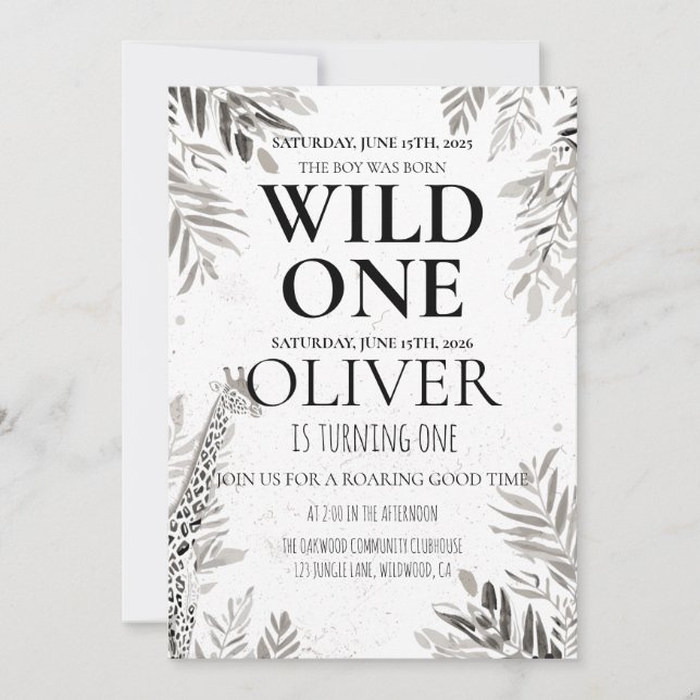 Minimal Jungle Wild One 1st Birthday Greenery Invitation (Front)