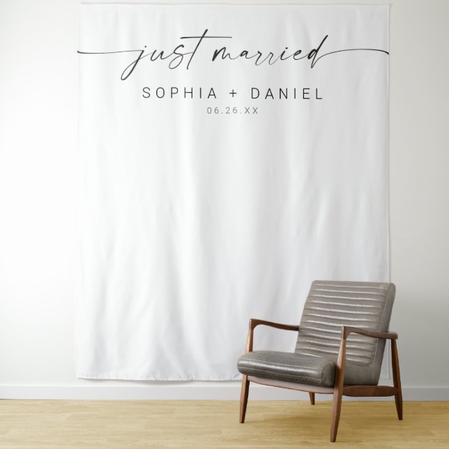 Minimal Just Married Script Wedding Decor Backdrop Tapestry (In Situ)