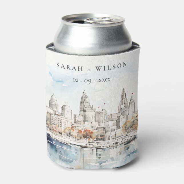 Minimal Kansas City Missouri Watercolor Wedding Can Cooler (Can Front)