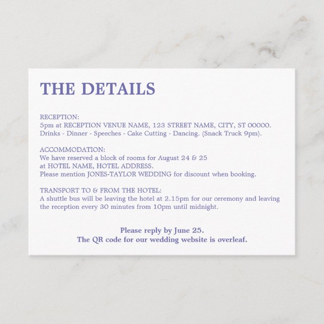 Minimal Lavender QR Code Wedding Details Enclosure Card (Front)