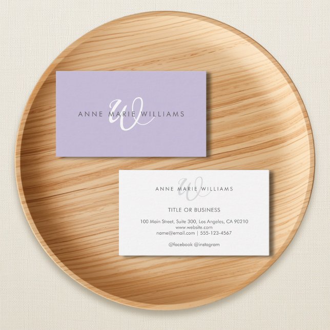 Minimal Lavender White Script Monogram Business Card (Creator Uploaded)
