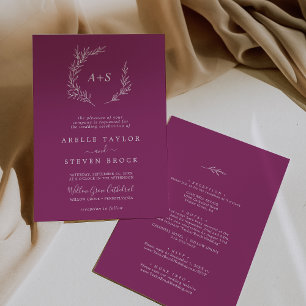 Minimal Leaf   Berry Purple All In One Wedding Invitation