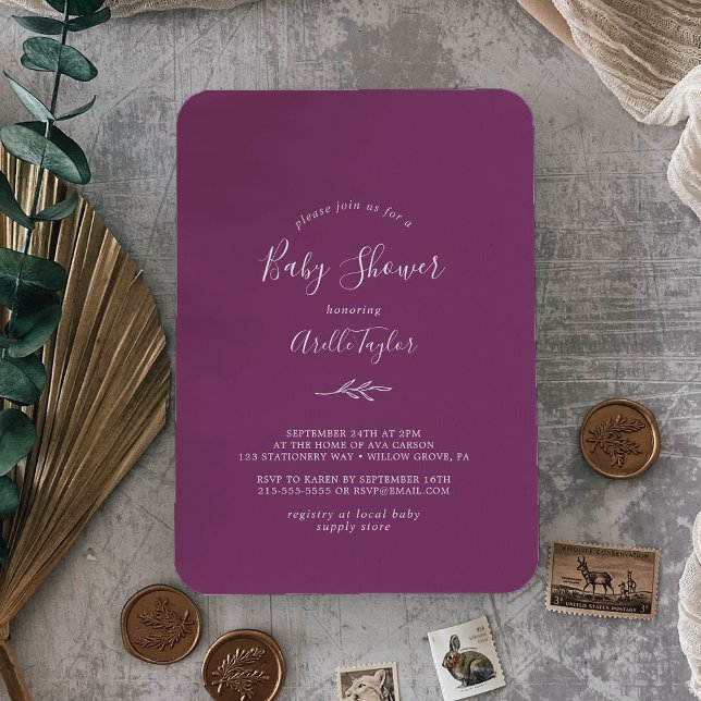 Minimal Leaf | Berry Purple Baby Shower Invitation (Creator Uploaded)